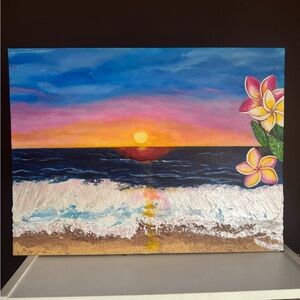 Sunset Beach Canvas Art with Flowers